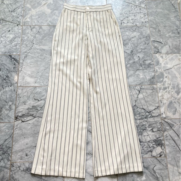 ZARA Cream Ecru Navy Blue Stripe Wide Leg Pants - Picture 3 of 11